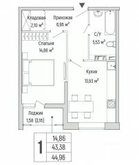 ЖК «Riga Hills», планировка 1-комнатной квартиры, 44.96 м²