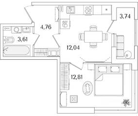ЖК «Гранат», планировка 1-комнатной квартиры, 35.09 м²