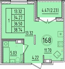 МЖК «Образцовый квартал 17», планировка 1-комнатной квартиры, 34.27 м²