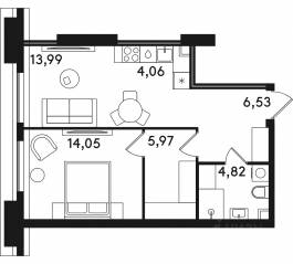 ЖК «Solos», планировка 1-комнатной квартиры, 49.42 м²