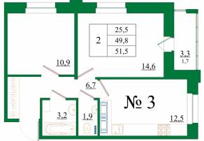 ЖК «Орловский бульвар», планировка 2-комнатной квартиры, 51.50 м²