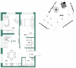 ЖК «Страна.Парковая», планировка 2-комнатной квартиры, 66.96 м²