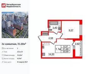 ЖК «Город звезд», планировка 1-комнатной квартиры, 31.68 м²