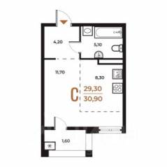ЖК «Новое Летово», планировка студии, 30.90 м²