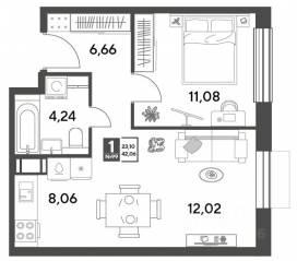 ЖК Арт-квартал «Публицист», планировка 1-комнатной квартиры, 42.06 м²