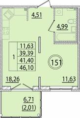 МЖК «Образцовый квартал 15», планировка 1-комнатной квартиры, 39.39 м²