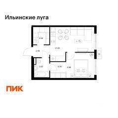 ЖК «Ильинские луга», планировка 1-комнатной квартиры, 37.47 м²