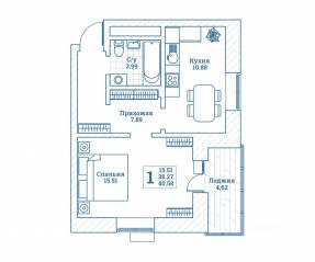 ЖК «Новоград Монино», планировка 1-комнатной квартиры, 40.70 м²
