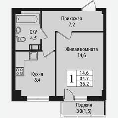 ЖК «Южная заря», планировка 1-комнатной квартиры, 37.50 м²