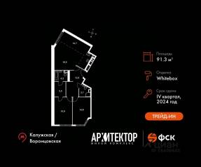ЖК «Архитектор», планировка 3-комнатной квартиры, 91.30 м²