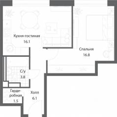 ЖК «Nagatino i-Land», планировка 1-комнатной квартиры, 43.80 м²