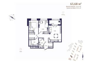 ЖК «Ranta Residence», планировка 2-комнатной квартиры, 63.68 м²
