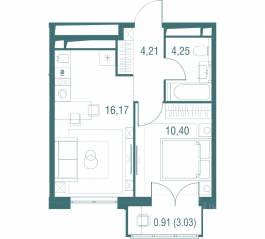ЖК «Одинбург», планировка 1-комнатной квартиры, 35.94 м²