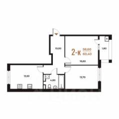 ЖК «Новое Летово», планировка 2-комнатной квартиры, 60.40 м²