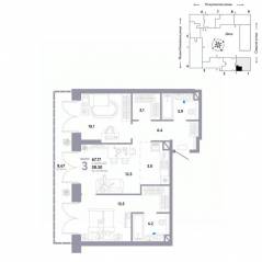 ЖК «Страна.Озерная», планировка 3-комнатной квартиры, 67.17 м²