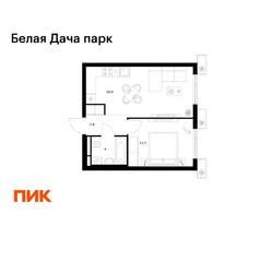 ЖК «Белая Дача парк», планировка 1-комнатной квартиры, 38.10 м²