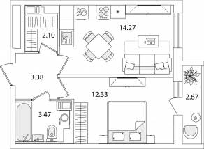 ЖК «Кинопарк», планировка 1-комнатной квартиры, 36.89 м²