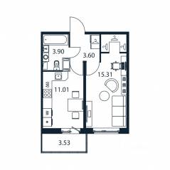 ЖК «Полис ЛАВрики», планировка 1-комнатной квартиры, 33.10 м²
