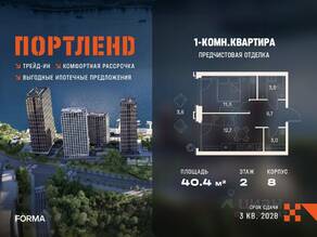 ЖК «ПОРТЛЕНД», планировка 1-комнатной квартиры, 40.40 м²