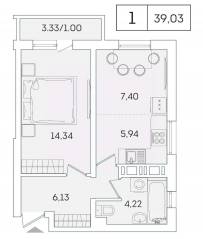 ЖК «Lampo», планировка 1-комнатной квартиры, 38.10 м²