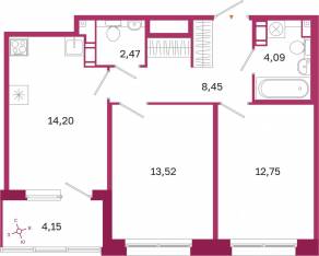 ЖК «Дом на Курской», планировка 2-комнатной квартиры, 57.54 м²