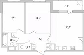 ЖК «Ясно. Янино», планировка 2-комнатной квартиры, 64.21 м²