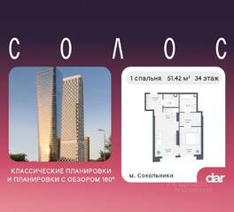 ЖК «Солос», планировка 1-комнатной квартиры, 51.42 м²