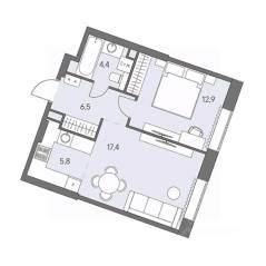 ЖК «Родина Переделкино», планировка 2-комнатной квартиры, 47.00 м²