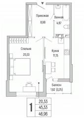 ЖК «Riga Hills», планировка 1-комнатной квартиры, 46.96 м²