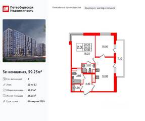 ЖК «Бионика Заповедная», планировка 2-комнатной квартиры, 59.25 м²