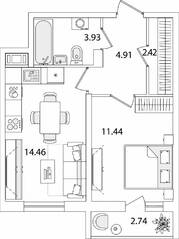 ЖК «Кинопарк», планировка 1-комнатной квартиры, 38.53 м²