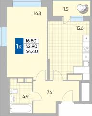 ЖК «Самоцветы мира», планировка 1-комнатной квартиры, 44.40 м²