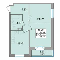 ЖК «Рождественский квартал», планировка 2-комнатной квартиры, 48.73 м²