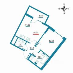 ЖК «Левитан», планировка 1-комнатной квартиры, 41.38 м²