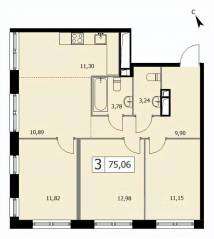ЖК «Self», планировка 3-комнатной квартиры, 74.50 м²