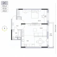 ЖК «Пироговская Ривьера», планировка 2-комнатной квартиры, 61.80 м²