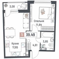 ЖК «Авиатор» (Девяткино), планировка 1-комнатной квартиры, 39.49 м²