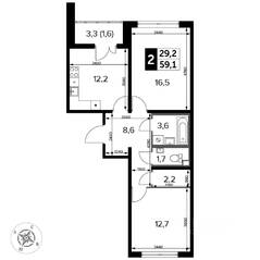 ЖК «Южная Битца», планировка 2-комнатной квартиры, 60.10 м²