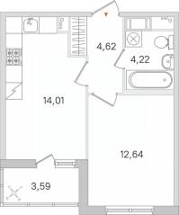 ЖК «Ясно. Янино», планировка 1-комнатной квартиры, 36.57 м²