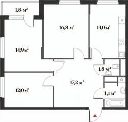 ЖК Миниполис «Восемь кленов», планировка 3-комнатной квартиры, 80.00 м²