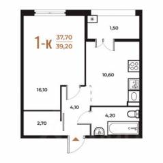 ЖК «Новое Летово», планировка 1-комнатной квартиры, 39.20 м²