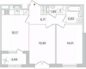 МЖК «Дубровский», планировка 2-комнатной квартиры, 57.16 м²