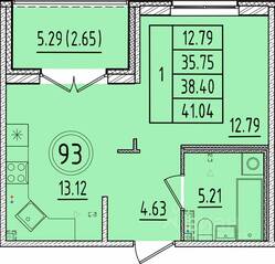 МЖК «Образцовый квартал 17», планировка 1-комнатной квартиры, 35.75 м²