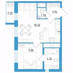 ЖК «Южный форт», планировка 1-комнатной квартиры, 36.52 м²