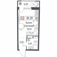 ЖК «Авиатор» (Девяткино), планировка студии, 21.21 м²