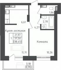 ЖК «Зеленый Оазис-Город», планировка 1-комнатной квартиры, 38.45 м²
