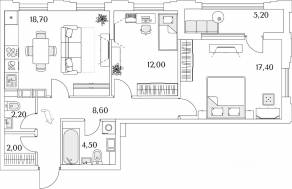 ЖК «Тайм Сквер», планировка 2-комнатной квартиры, 68.00 м²