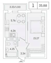 ЖК «Lampo», планировка 1-комнатной квартиры, 34.90 м²