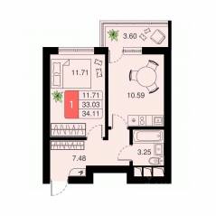 ЖК «Химки Тайм», планировка 1-комнатной квартиры, 34.11 м²