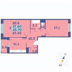 ЖК «Эдельвейс» (ЦентрСтрой), планировка 2-комнатной квартиры, 67.40 м²